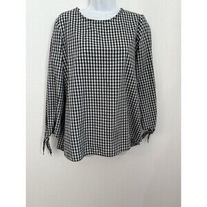 Topshop Womens Size 6 Black White Checked Poplin Blouse Long Sleeve Ties EUC